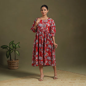 Red - block print cotton flared sanganeri dress 05