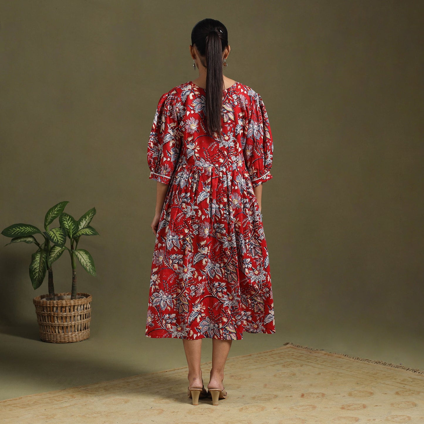 Red - block print cotton flared sanganeri dress 05