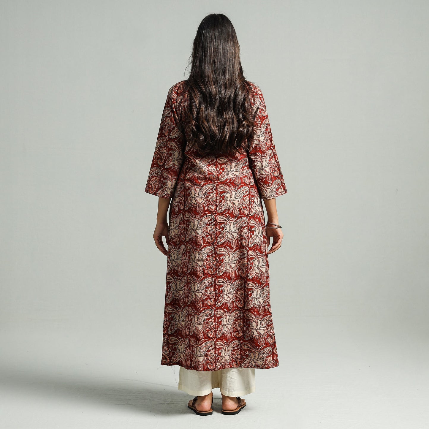 Red Block Print Cotton A-Line Kalamkari Kurta