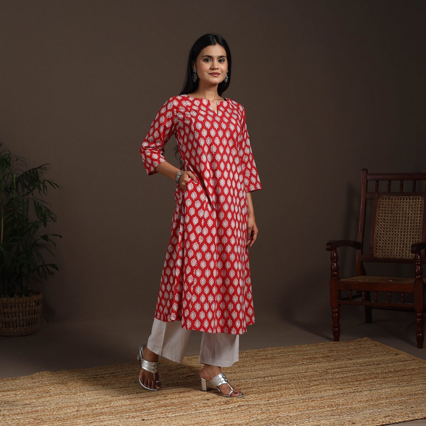 Red - cotton a-line sanganeri kurta 02 - handcrafted