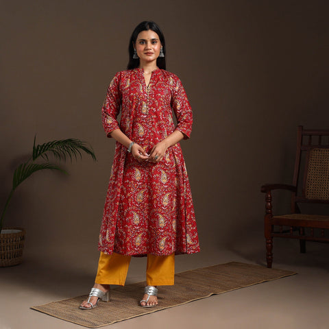 Red - cotton a-line sanganeri kurta 03 - handcrafted