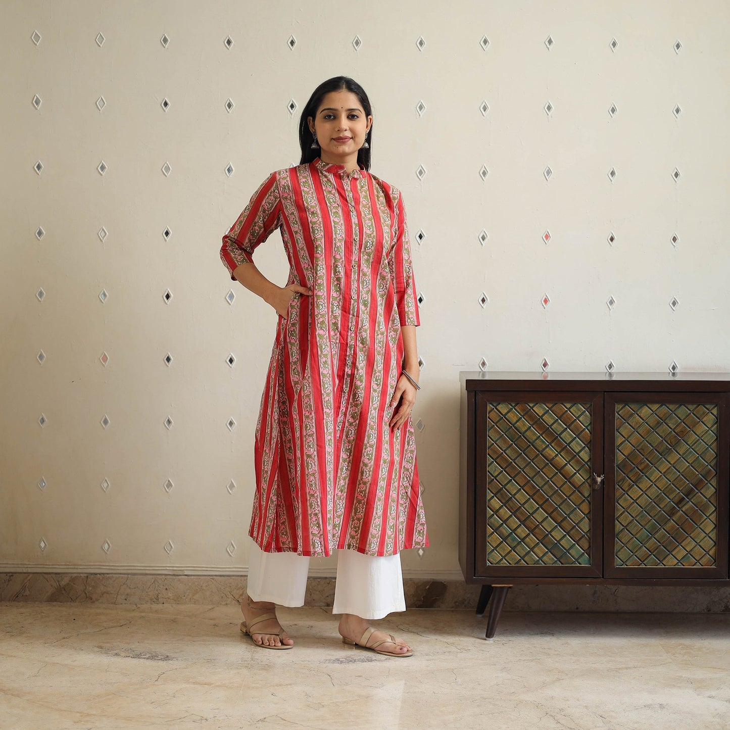 Red - Block Print Cotton A-Line Sanganeri Kurta 23
