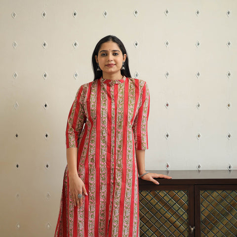 Red - Block Print Cotton A-Line Sanganeri Kurta 23