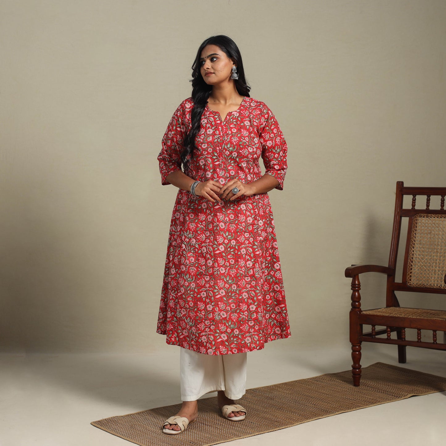 Red Block Print Cotton A-Line Sanganeri Kurta