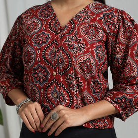 Red Block Print Cotton Natural Dyed Ajrakh Crop Top