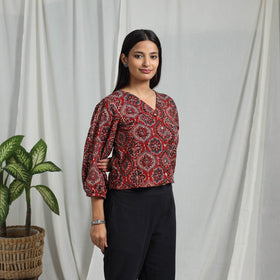 Red Block Print Cotton Natural Dyed Ajrakh Crop Top