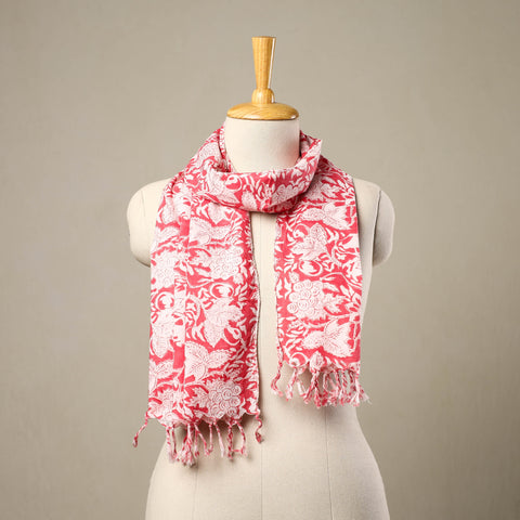 Red - cotton sanganeri stole with tassels 131 - handcrafted