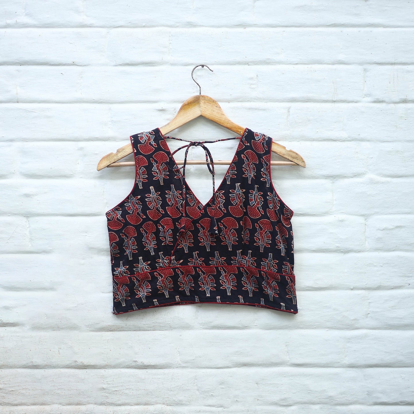 Red Block Print Cotton Stitched Ajrakh Blouse 