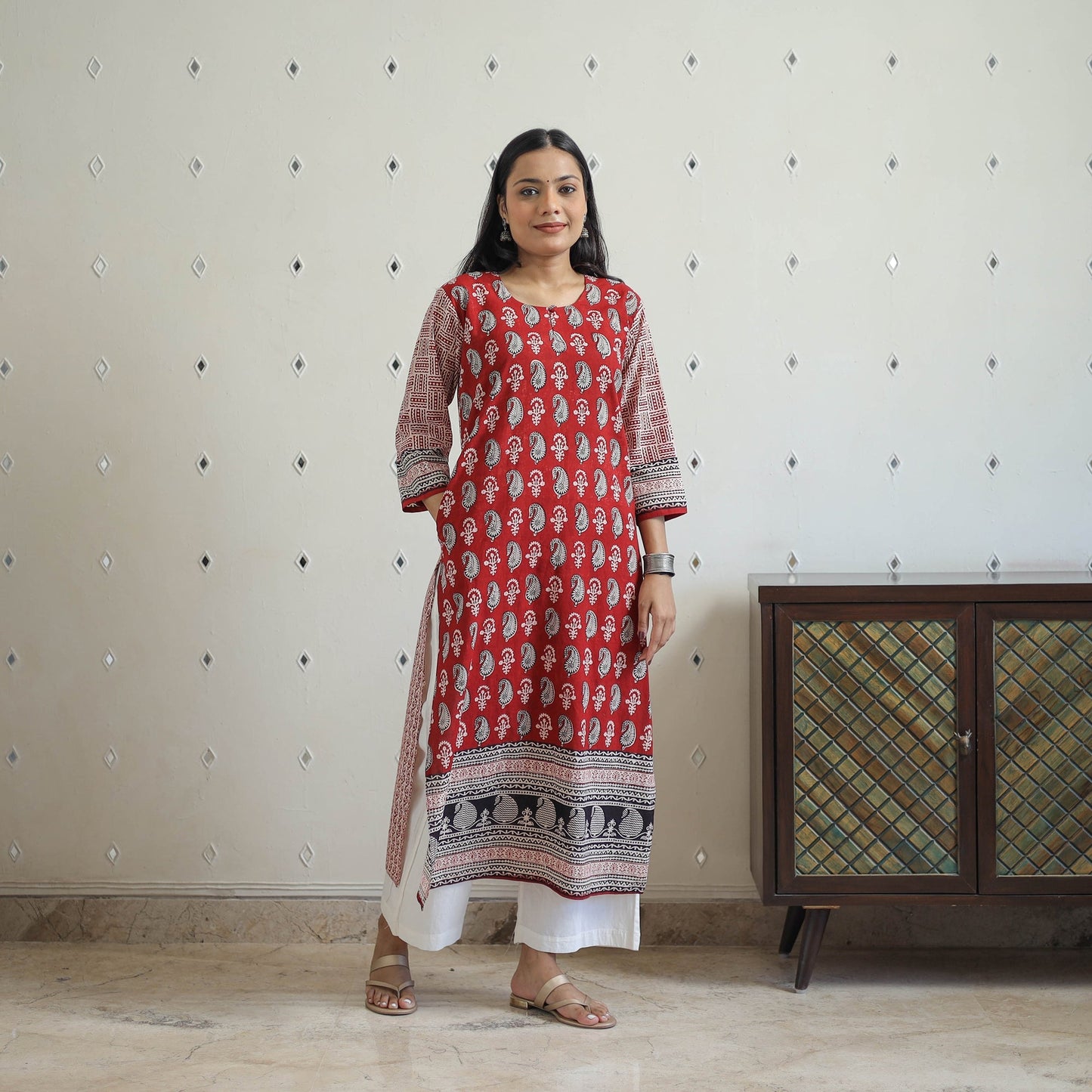  Red Block Print Cotton Straight Bagh Kurta for Women