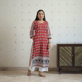  Red Block Print Cotton Straight Bagh Kurta for Women