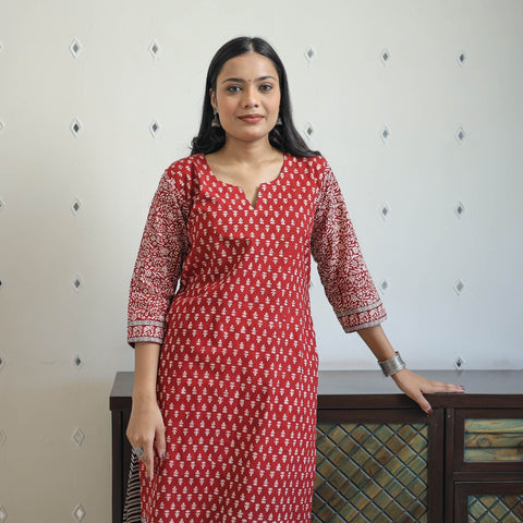 Buy Red Block Print Cotton Straight Bagh Kurta For Women