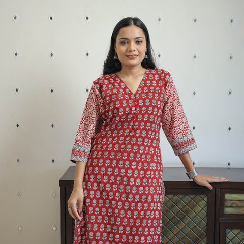 Red - cotton straight bagh kurta 11 - handcrafted