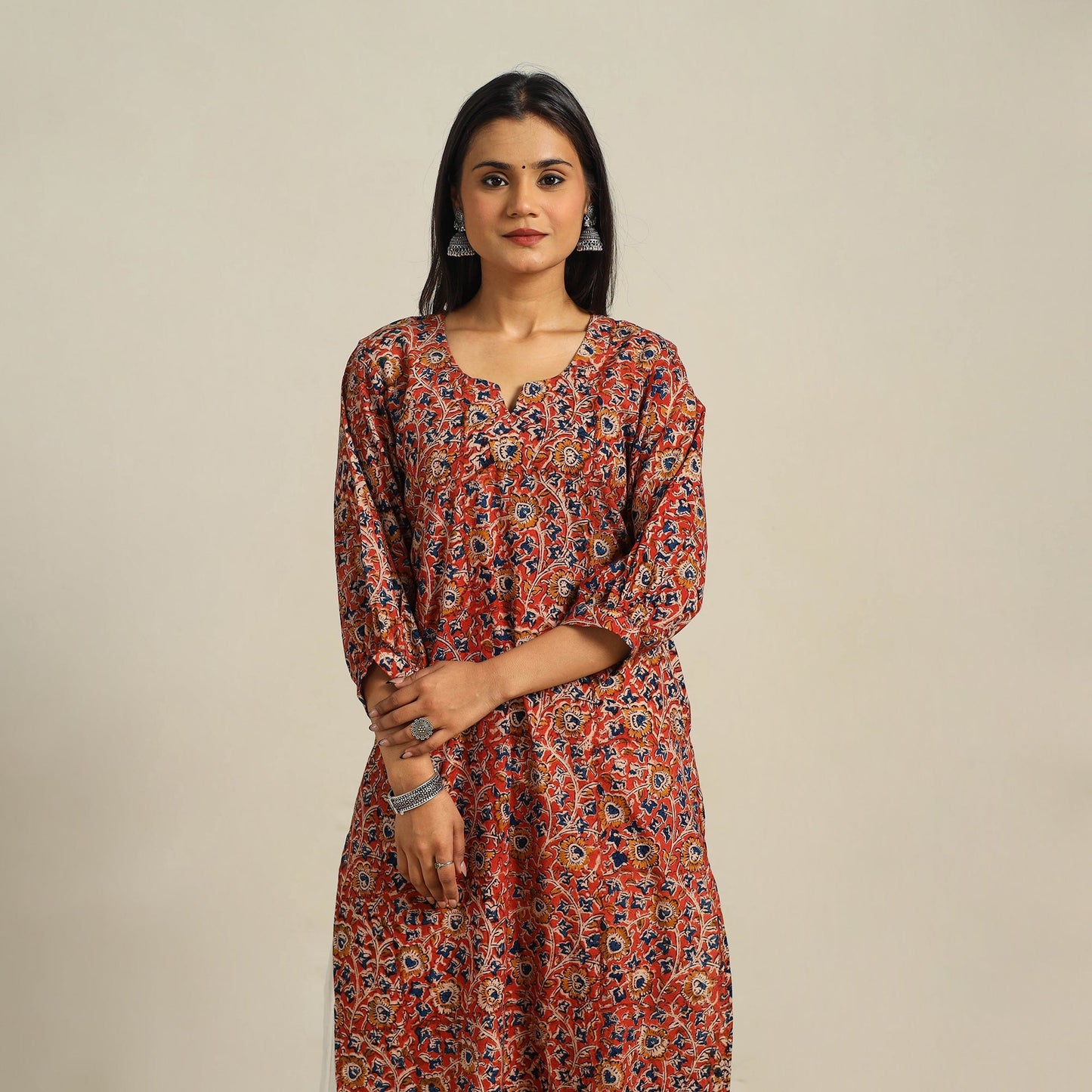 Red Block Print Cotton Straight Kalamkari Kurta