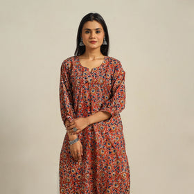 Red Block Print Cotton Straight Kalamkari Kurta