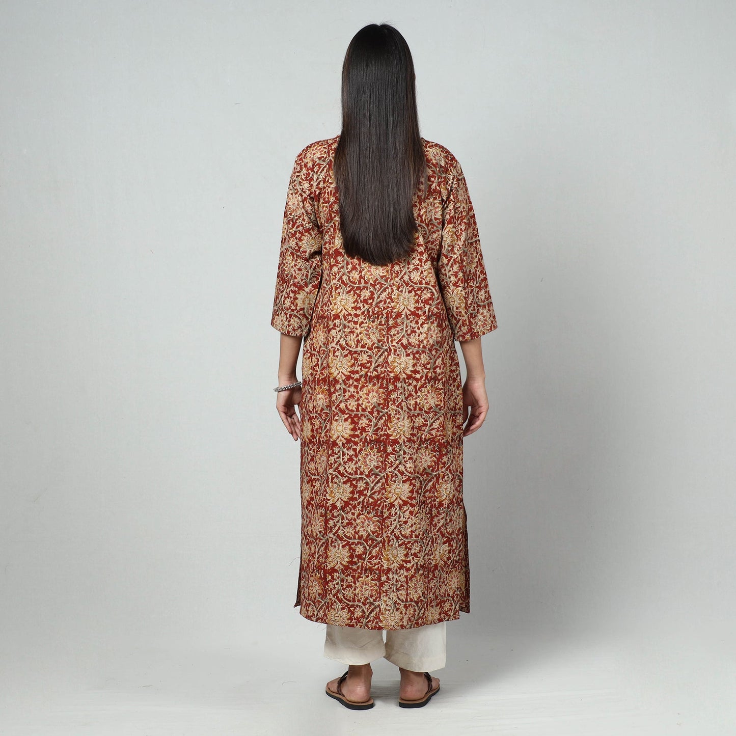 Red Block Print Cotton Straight Kalamkari Kurta