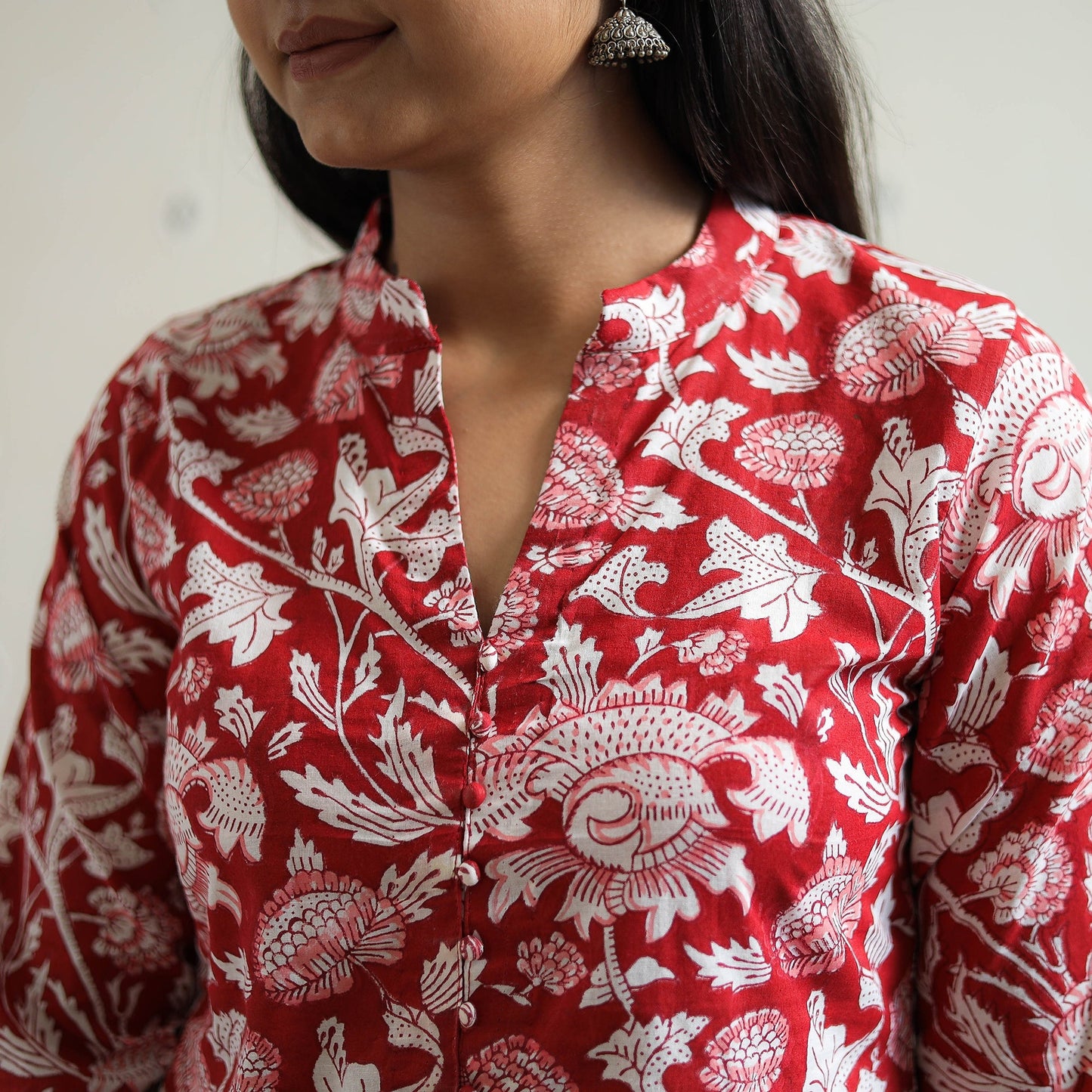 Red - Block Print Cotton Straight Sanganeri Kurta 03
