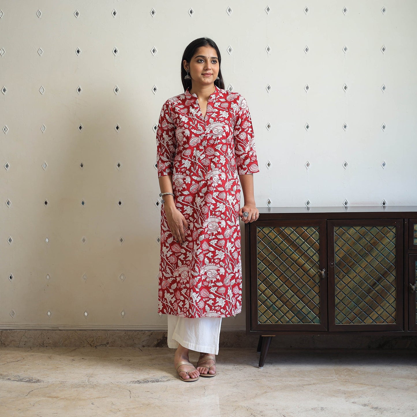 Red - Block Print Cotton Straight Sanganeri Kurta 03