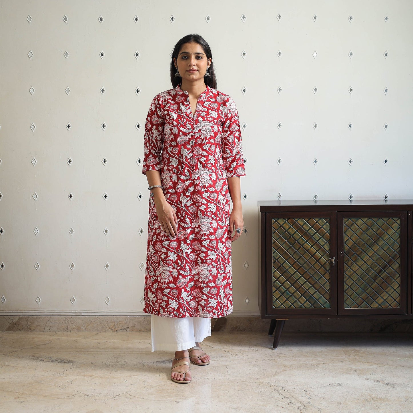 Red - Block Print Cotton Straight Sanganeri Kurta 03