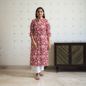 Red - Block Print Cotton Straight Sanganeri Kurta 03