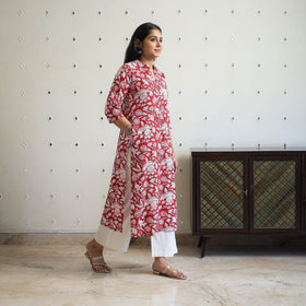 Red - Block Print Cotton Straight Sanganeri Kurta 03
