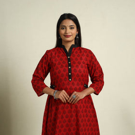  Red Block Print Mul Cotton A-Line Bagh Kurta for Women