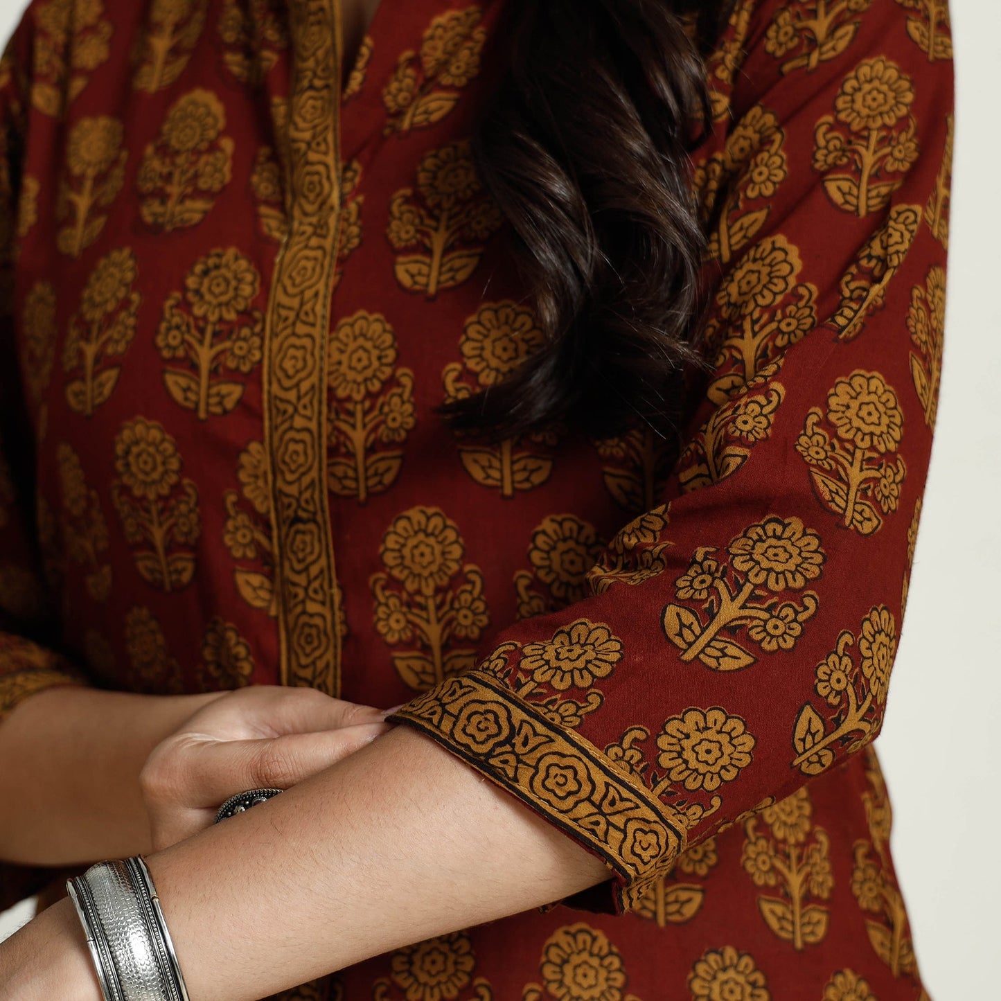 Red Block Print Mul Cotton A-Line Bagh Kurta For Women