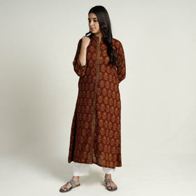 Red Block Print Mul Cotton A-Line Bagh Kurta For Women