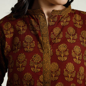 Red Block Print Mul Cotton A-Line Bagh Kurta For Women