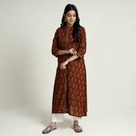 Red Block Print Mul Cotton A-Line Bagh Kurta For Women