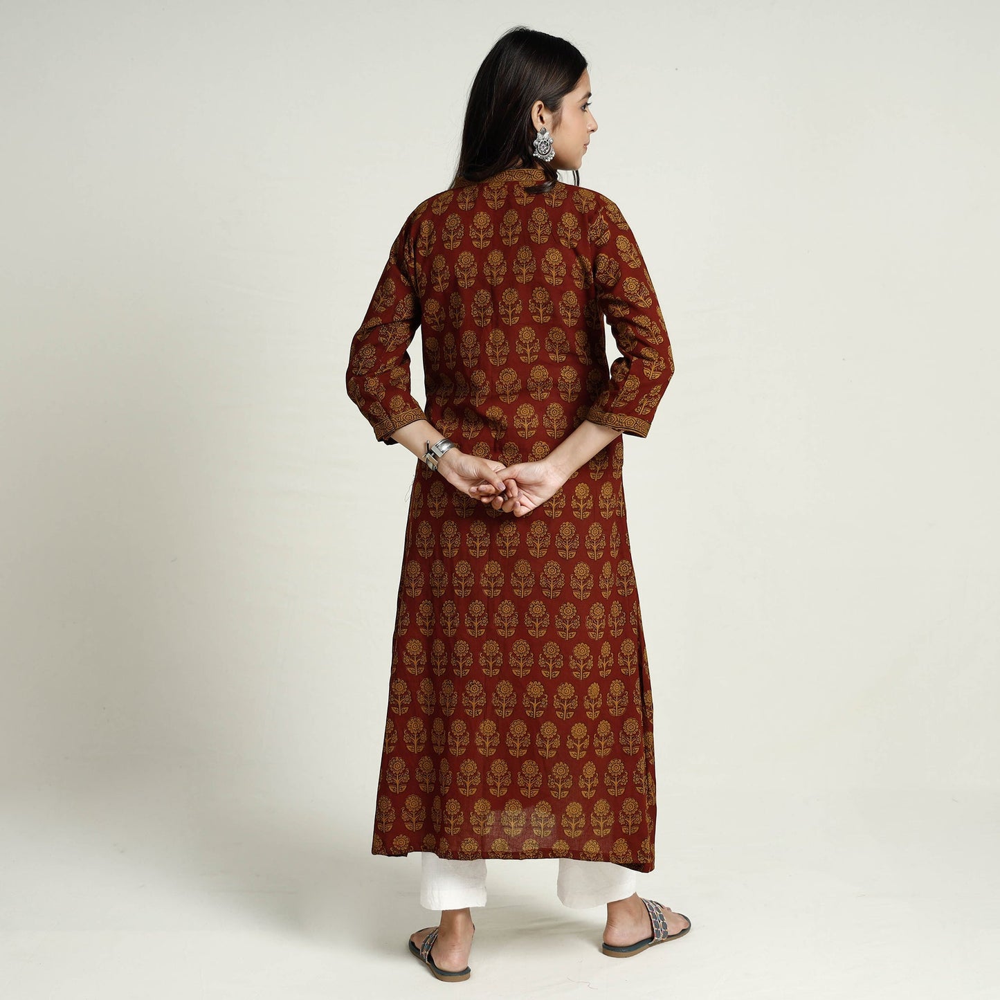 Red Block Print Mul Cotton A-Line Bagh Kurta For Women