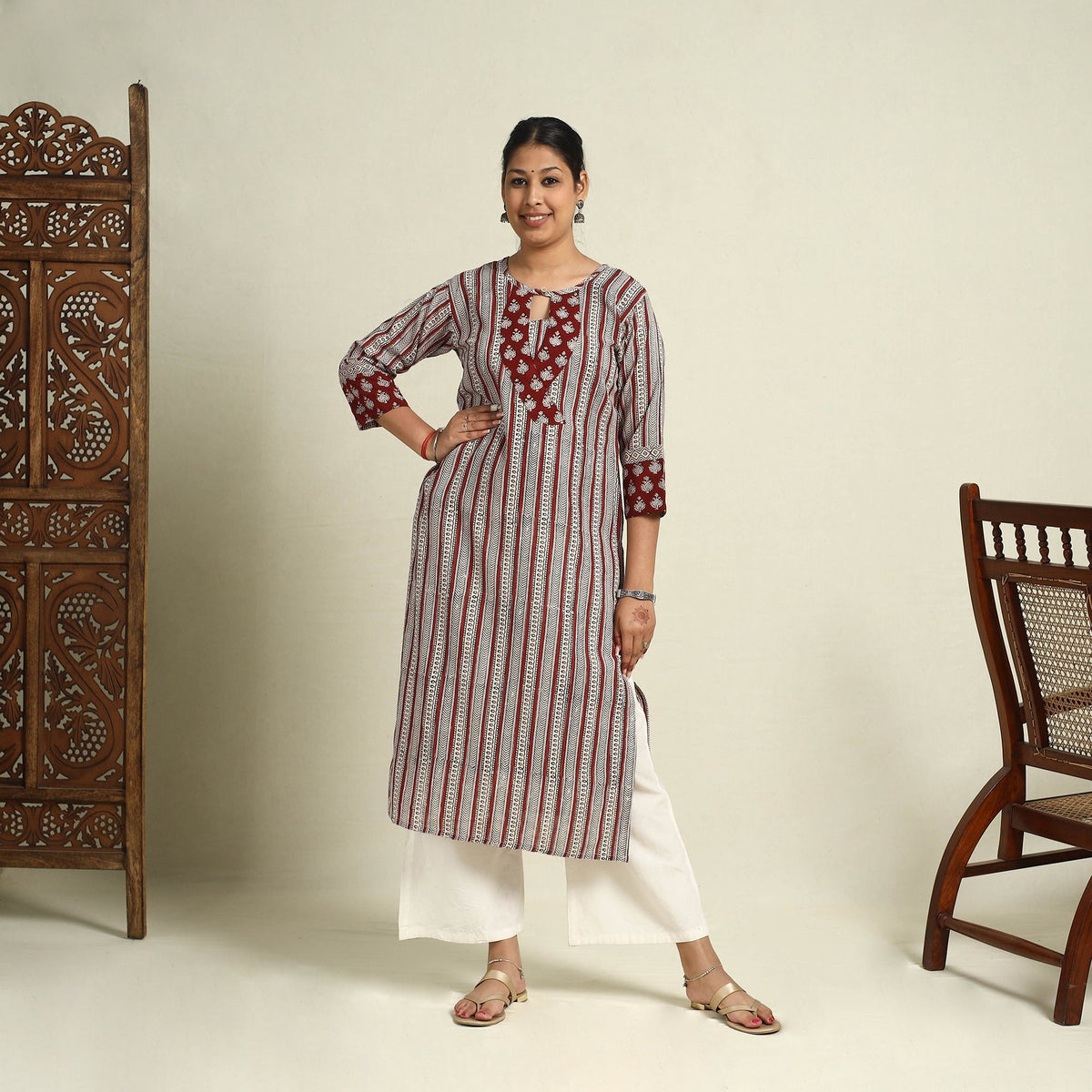 Buy Red Block Print Mul Cotton Straight Bagh Kurta for Women