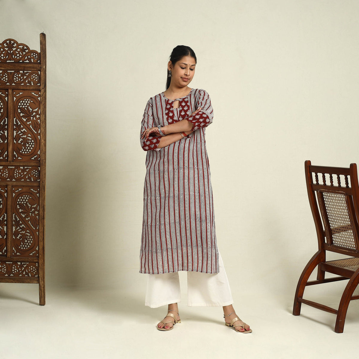 Buy Red Block Print Mul Cotton Straight Bagh Kurta for Women