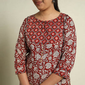  Red Block Print Mul Cotton Straight Bagh Kurta for Women