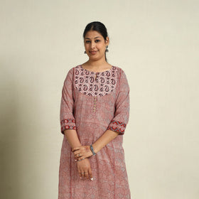 Red Block Print Mul Cotton Straight Bagh Kurta for Women