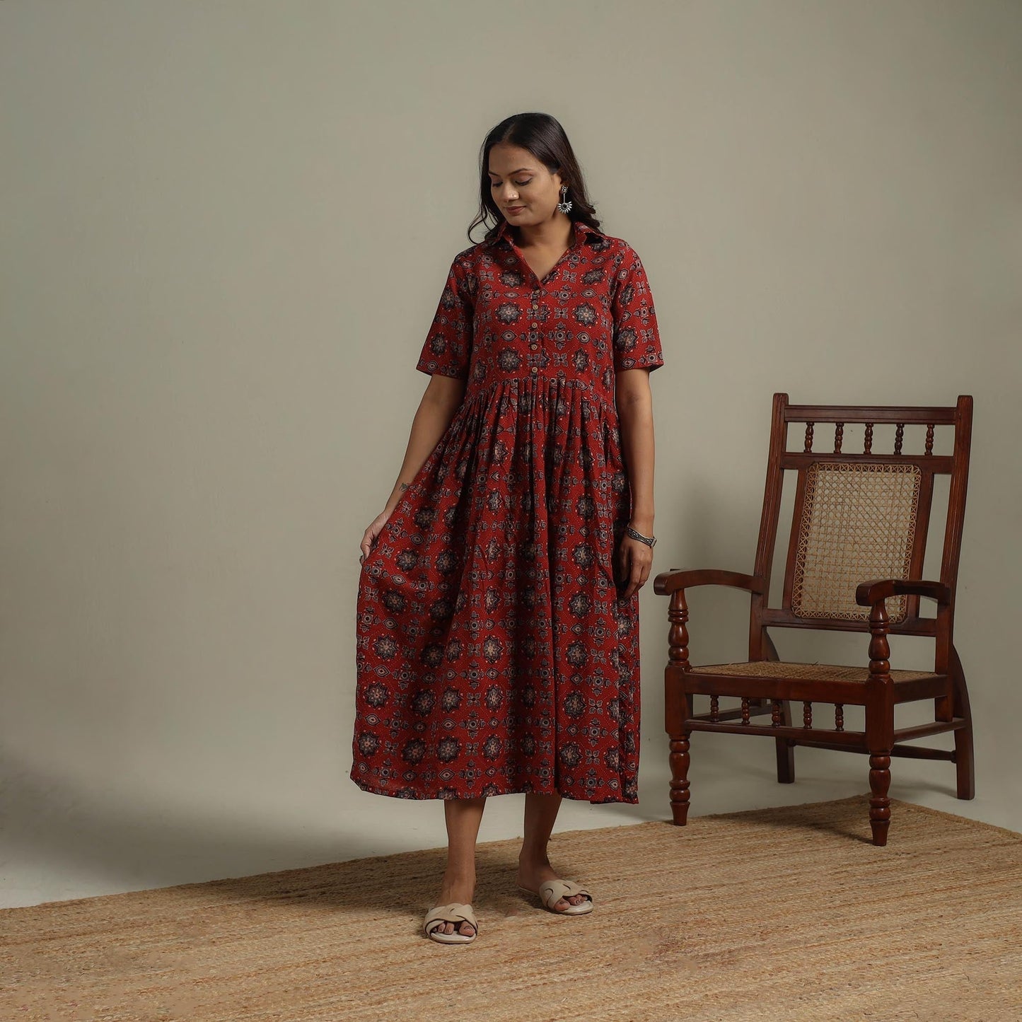 Natural dyed cotton flared dress 08 - handcrafted