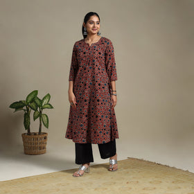Red Block Print Natural Dyed Cotton A-Line Ajrakh Kurta