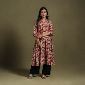 Red Block Print Natural Dyed Cotton A-Line Bagru Kurta