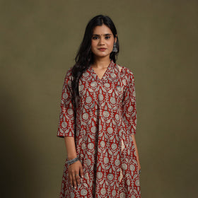 Red Block Print Natural Dyed Cotton A-Line Bagru Kurta