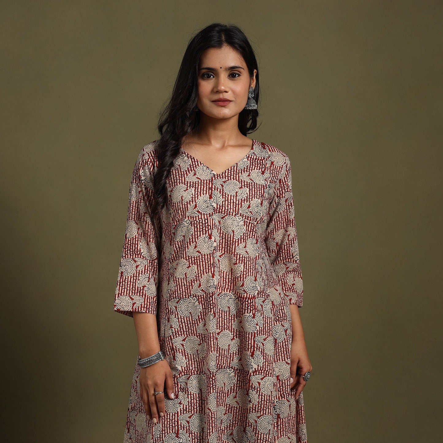 Red - natural dyed cotton a-line bagru kurta 01