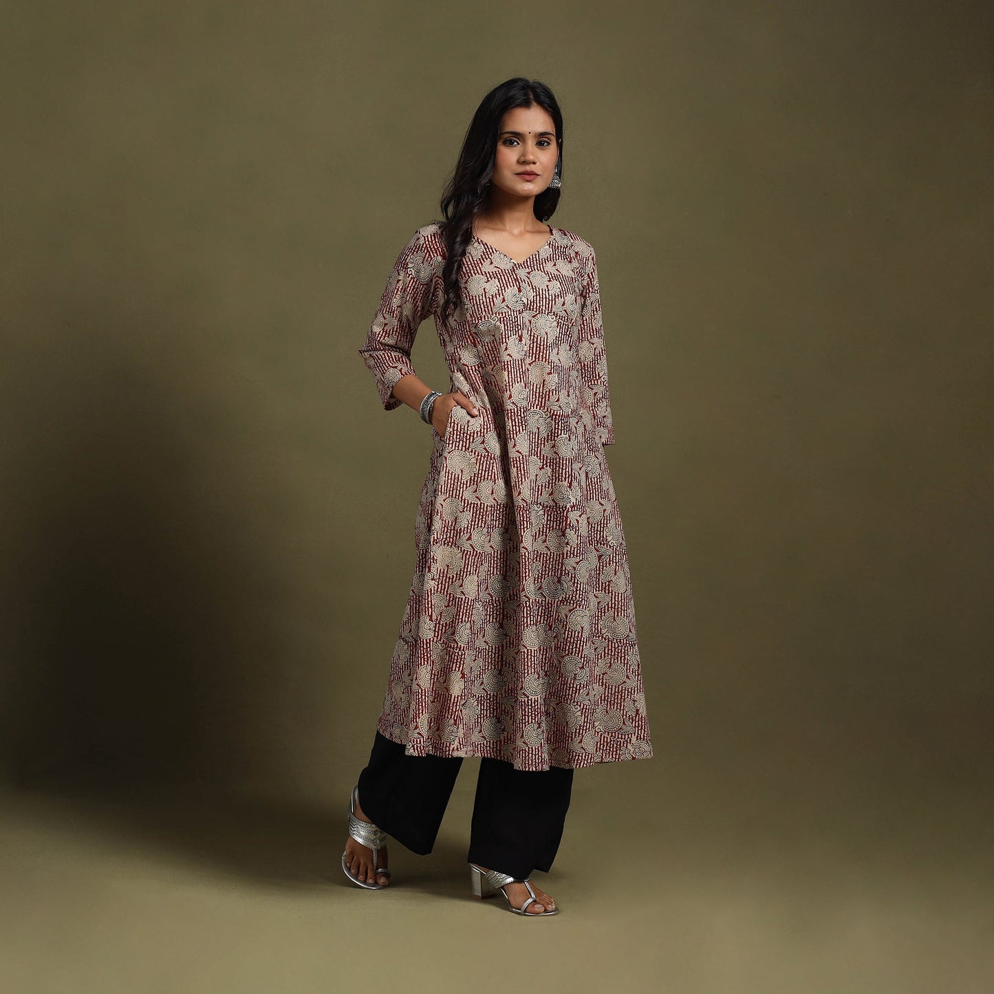 Red - natural dyed cotton a-line bagru kurta 01