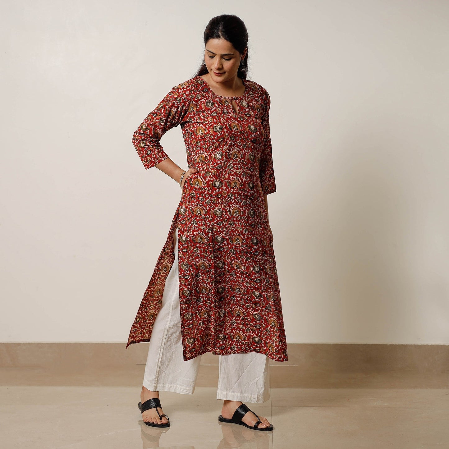 Red - natural dyed cotton straight bagru kurta 02