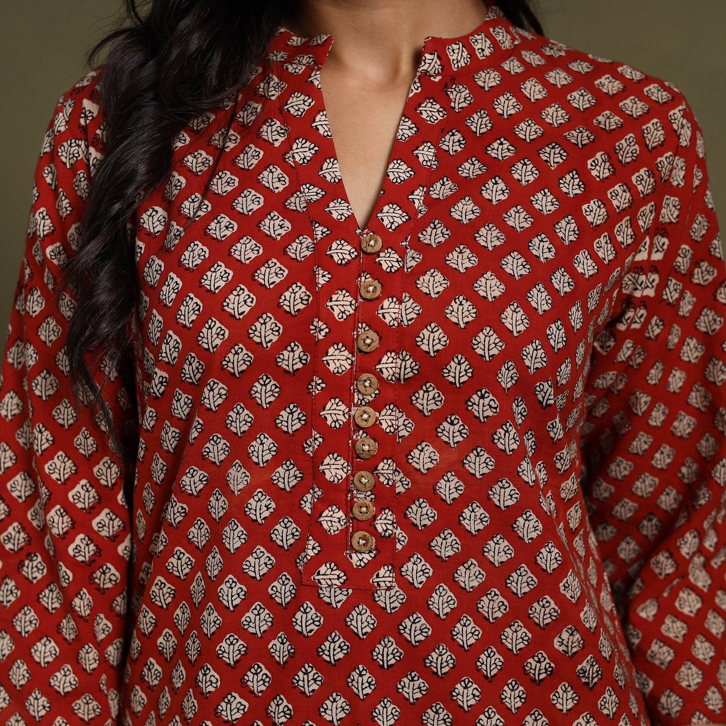 Red Block Print Natural Dyed Cotton Straight Bagru Kurta