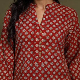 Red Block Print Natural Dyed Cotton Straight Bagru Kurta