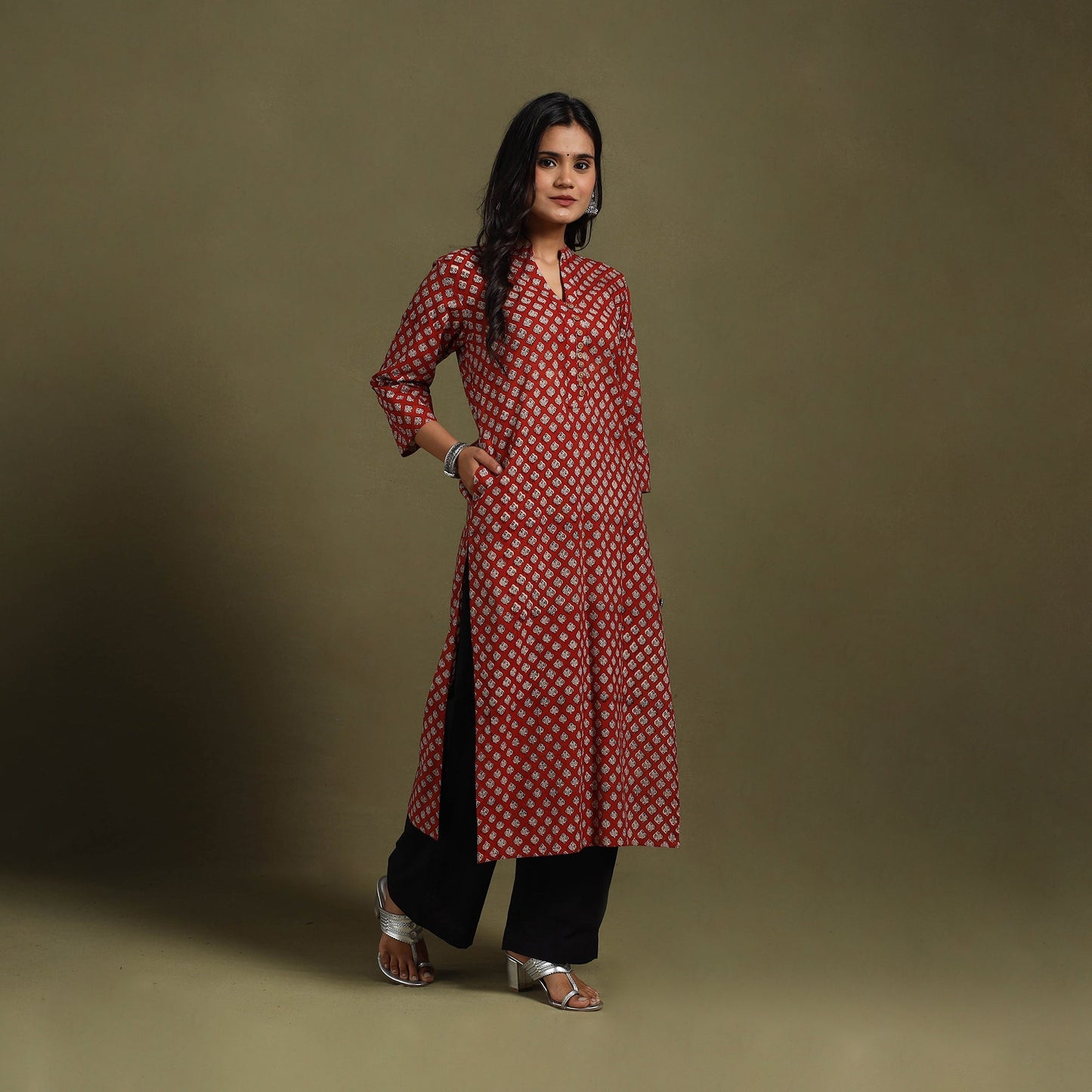 Red Block Print Natural Dyed Cotton Straight Bagru Kurta