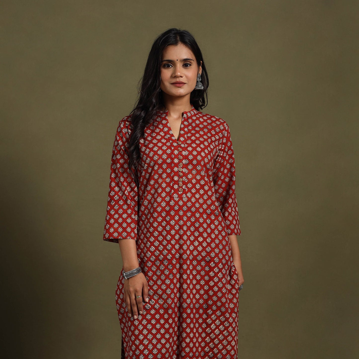 Red Block Print Natural Dyed Cotton Straight Bagru Kurta