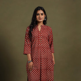 Red Block Print Natural Dyed Cotton Straight Bagru Kurta