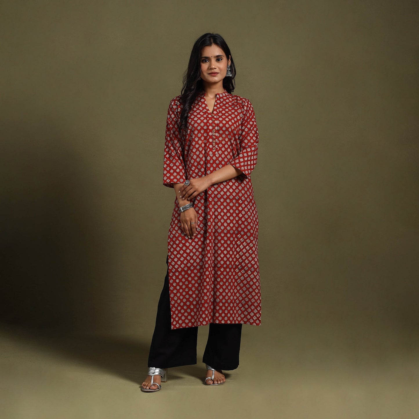 Red Block Print Natural Dyed Cotton Straight Bagru Kurta