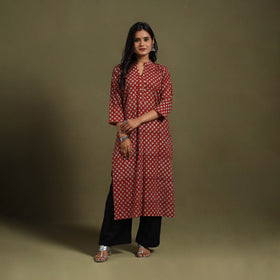 Red Block Print Natural Dyed Cotton Straight Bagru Kurta