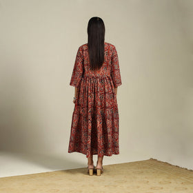 Red Block Print Natural Dyed Cotton Tiered Kalamkari Dress