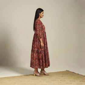 Red Block Print Natural Dyed Cotton Tiered Kalamkari Dress